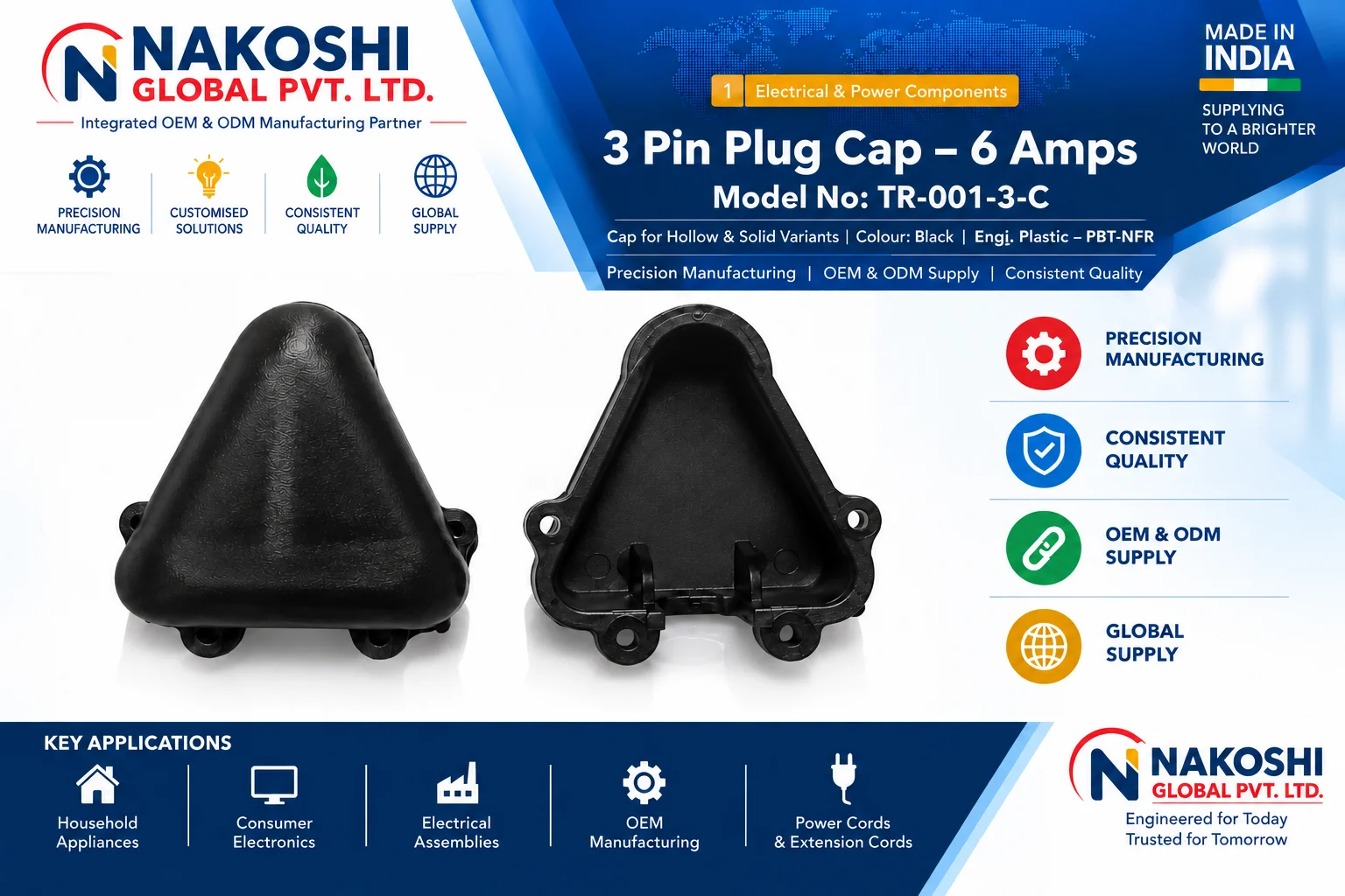 6A three pin plug cap full cover for compatible moulded plug insert assemblies