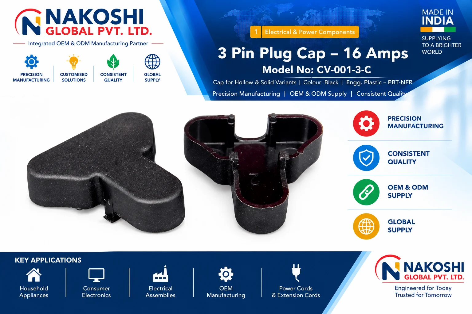 16A three pin plug cap for compatible higher-current moulded plug assemblies