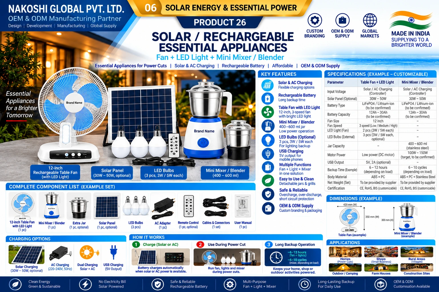 Solar / Rechargeable Essential Appliances - Nakoshi Global OEM and ODM manufacturing