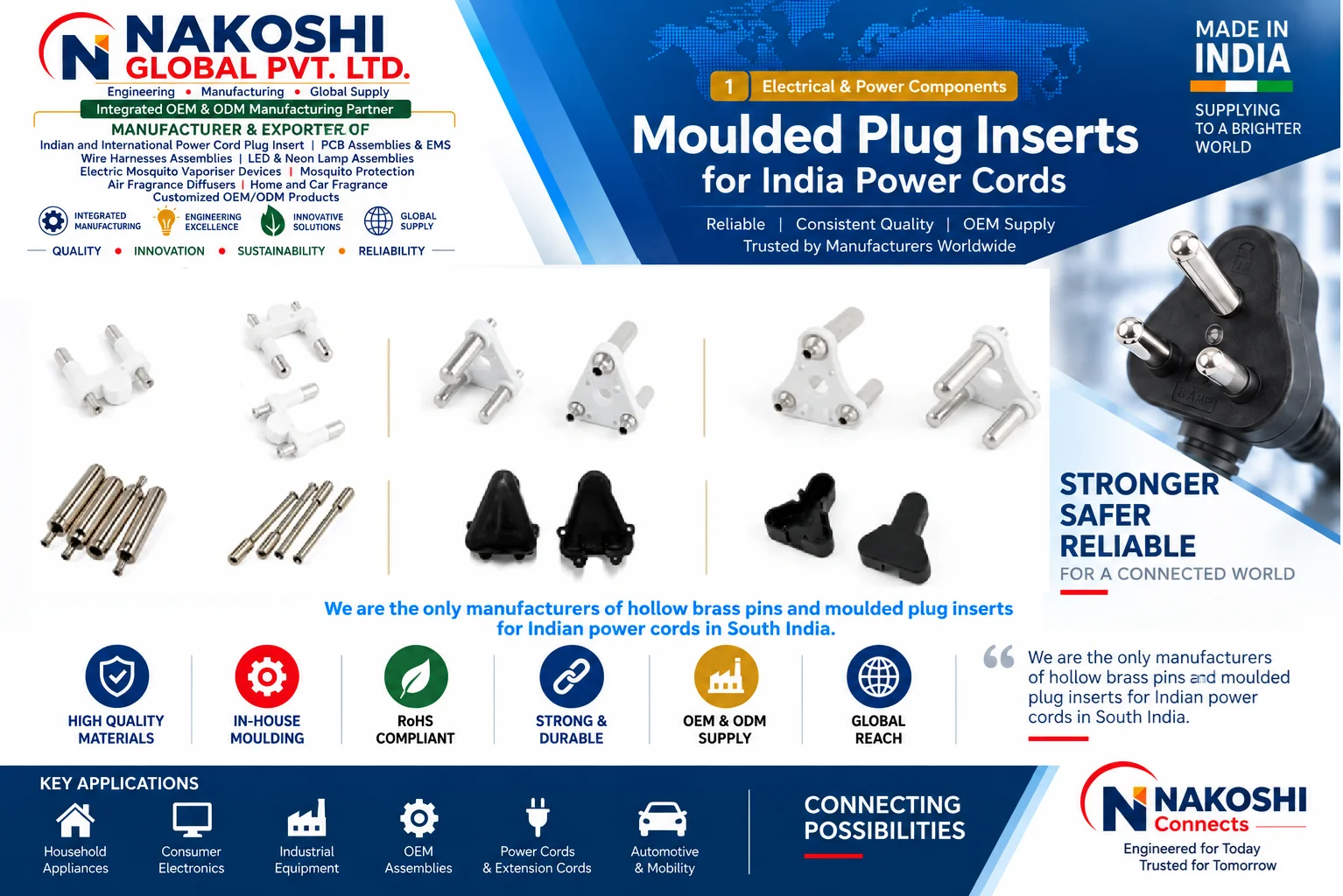 Moulded Plug Inserts for India Power Cords - Nakoshi Global OEM and ODM manufacturing