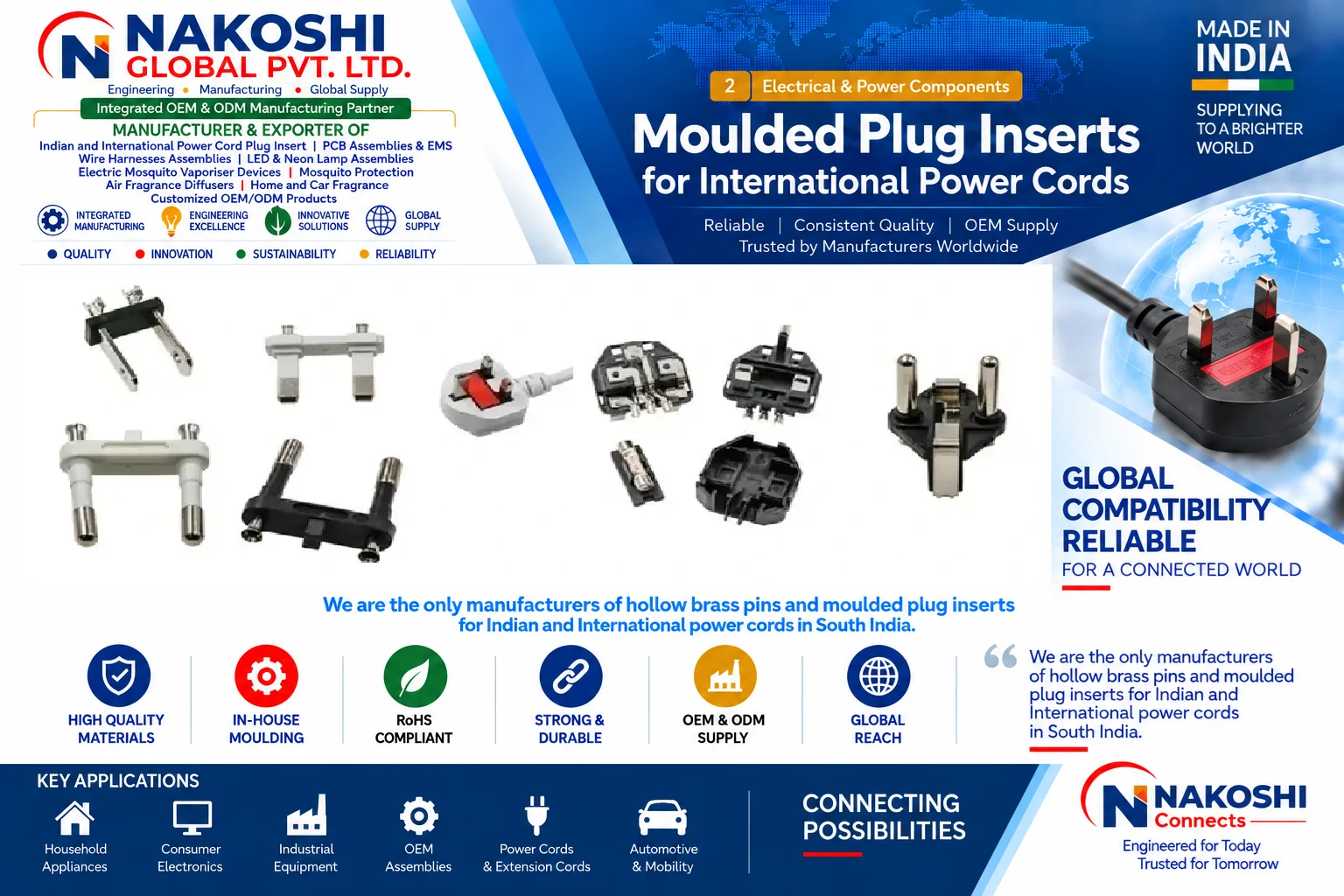Moulded Plug Inserts for International Power Cords - Nakoshi Global OEM and ODM manufacturing